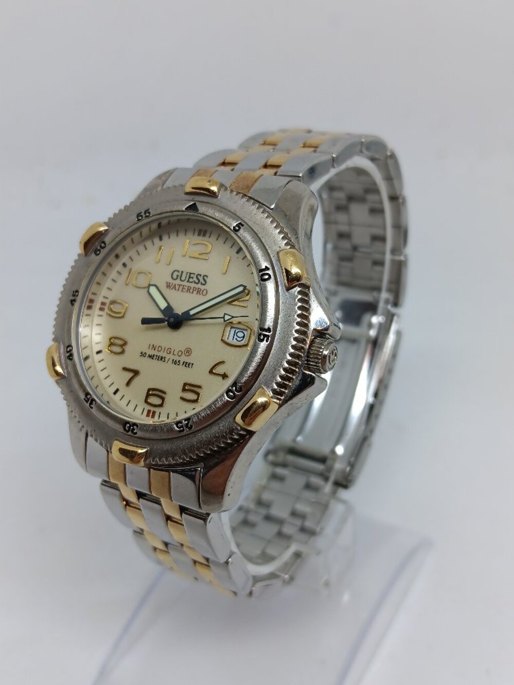 VINTAGE 1990s Guess Waterpro Men's 37mm Gold / Silver Tone Indiglo Diver Watch